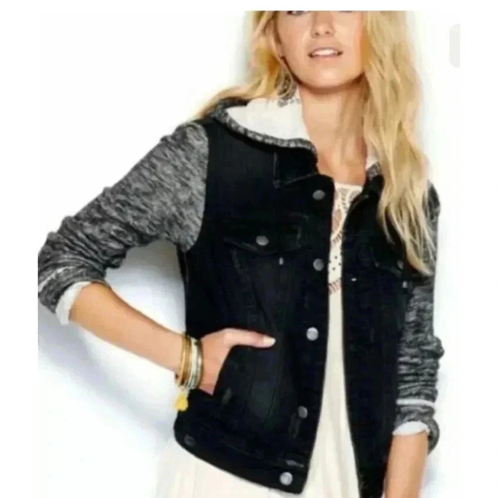 Women FREE PEOPLE Black Gray Denim Knit Jean Hoodie Button Jacket Sz XS Shacket